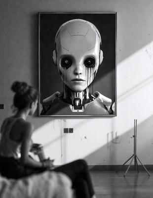 The primary subject of the image is a woman sitting in a room, looking at a painting of a robot with a scary face. The setting is a room with a painting on the wall, and the visual style appears to be a painting or drawing. The colors and mood of the image are dark and eerie, with the robot's face being the focal point of the painting.